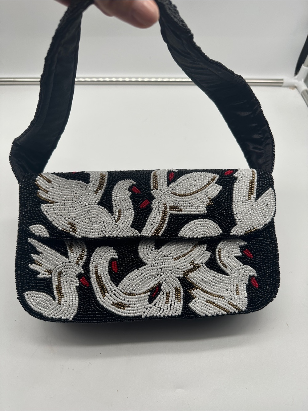 Black Beaded Swan-Pattern Shoulder Bag